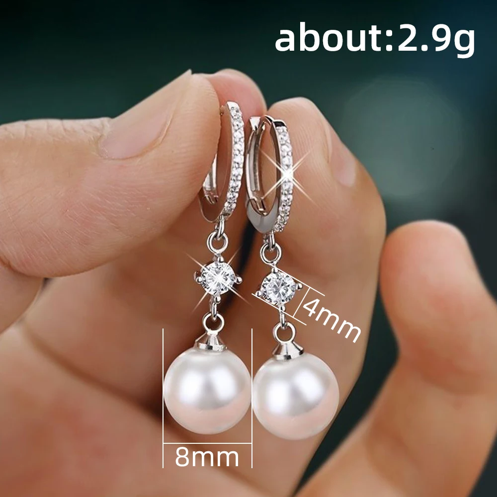 Simple Classic Silver Color Pearl Hanging Earrings  Bridal Wedding Jewelry