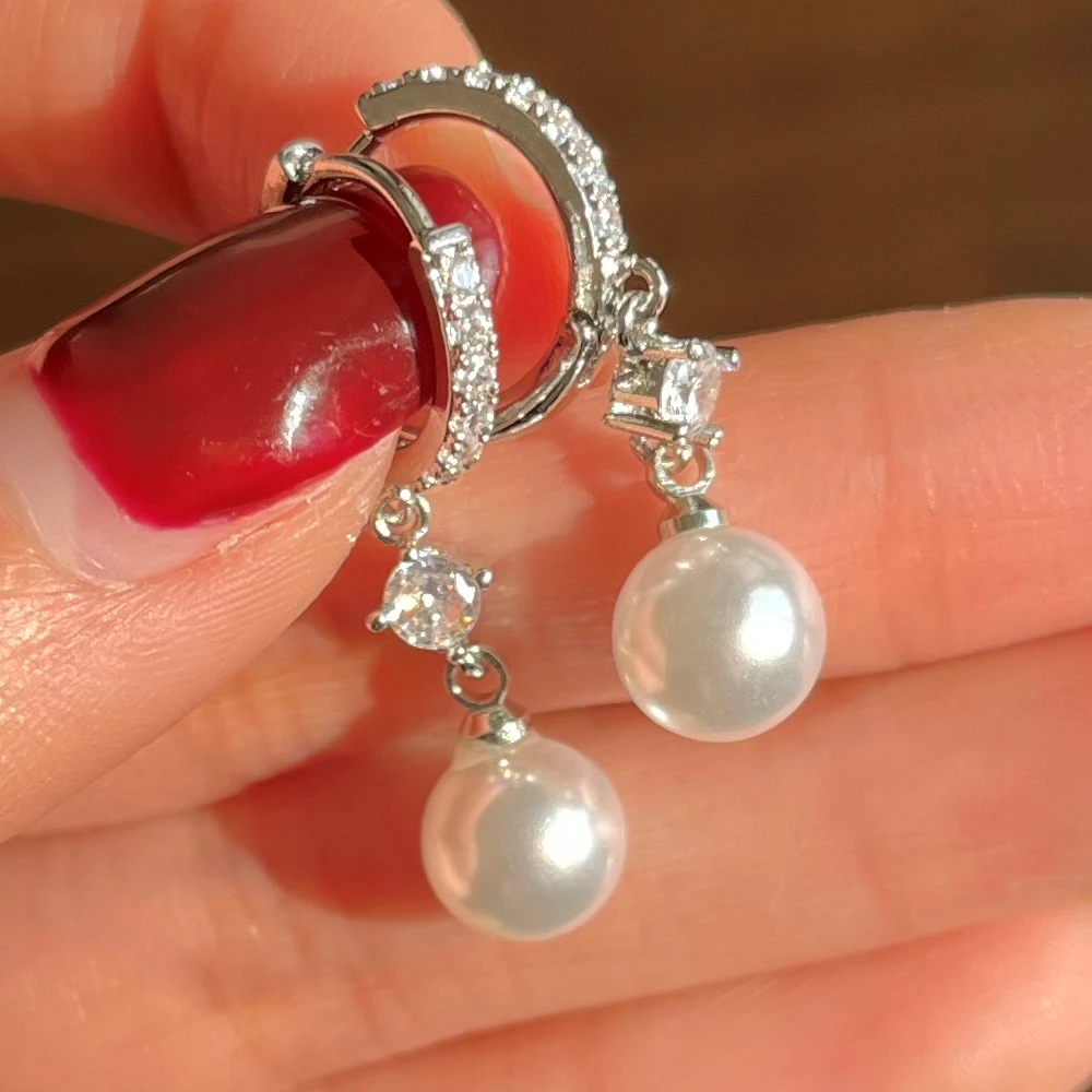 Simple Classic Silver Color Pearl Hanging Earrings  Bridal Wedding Jewelry