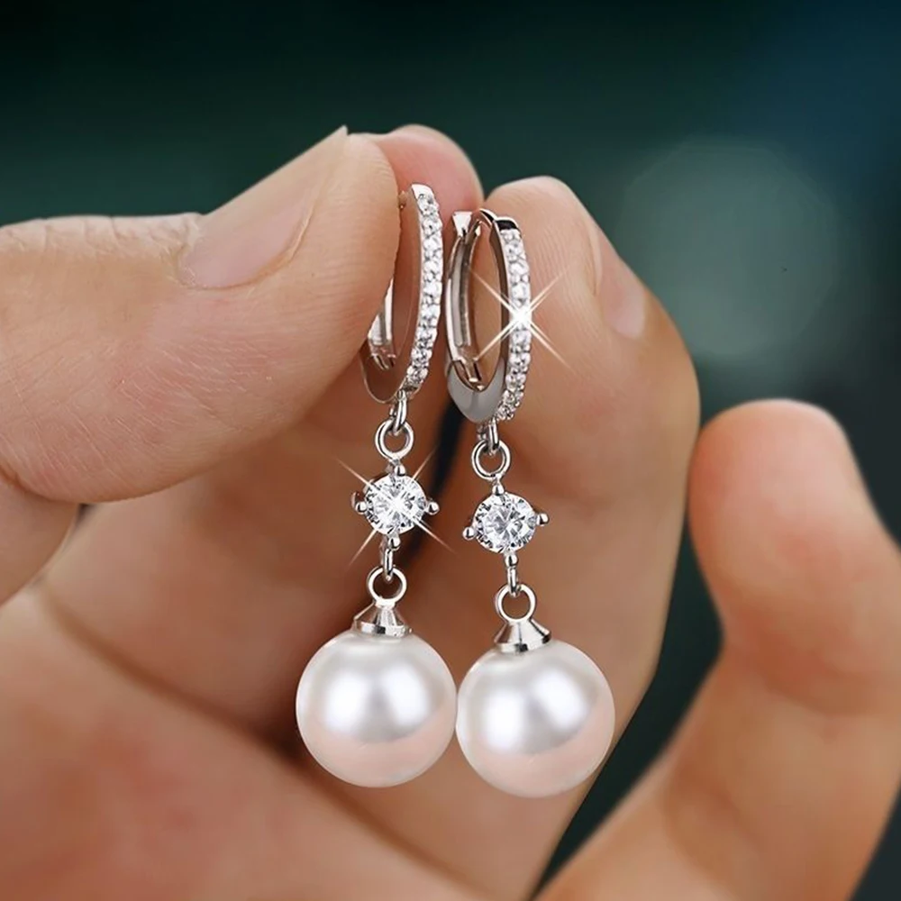 Simple Classic Silver Color Pearl Hanging Earrings  Bridal Wedding Jewelry