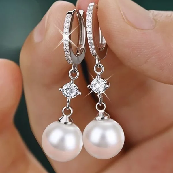 Simple Classic Silver Color Pearl Hanging Earrings  Bridal Wedding Jewelry