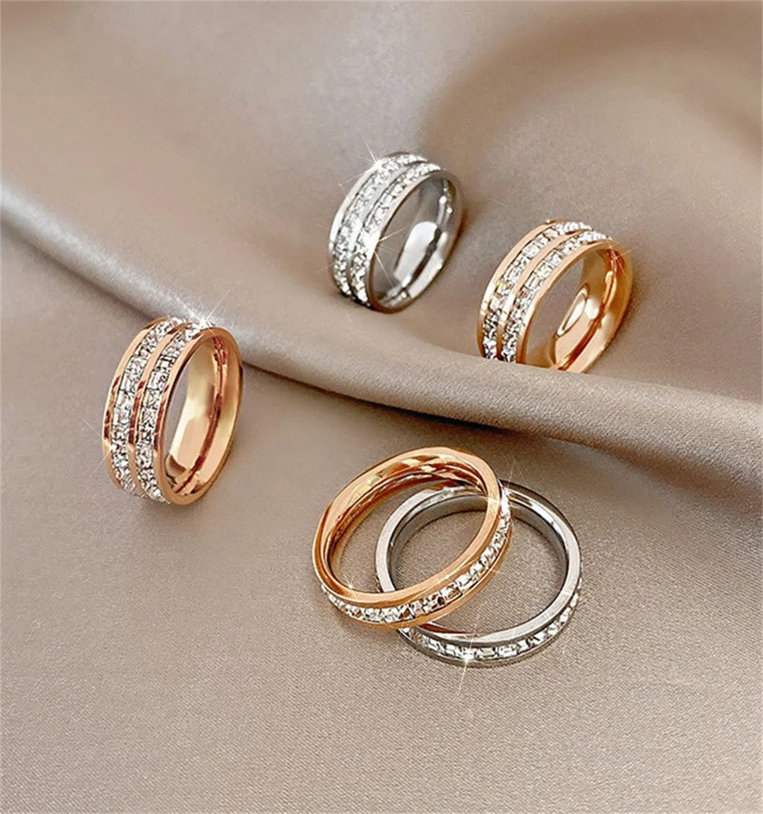 Rose Gold Double Rowed Square Zircon Ring Engagement Wedding Jewelry