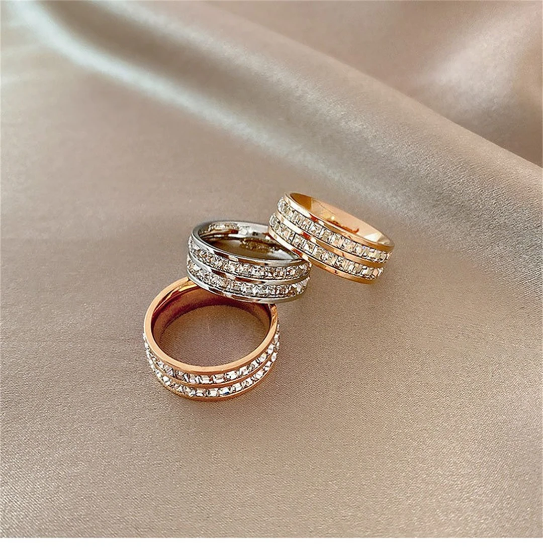 Rose Gold Double Rowed Square Zircon Ring Engagement Wedding Jewelry