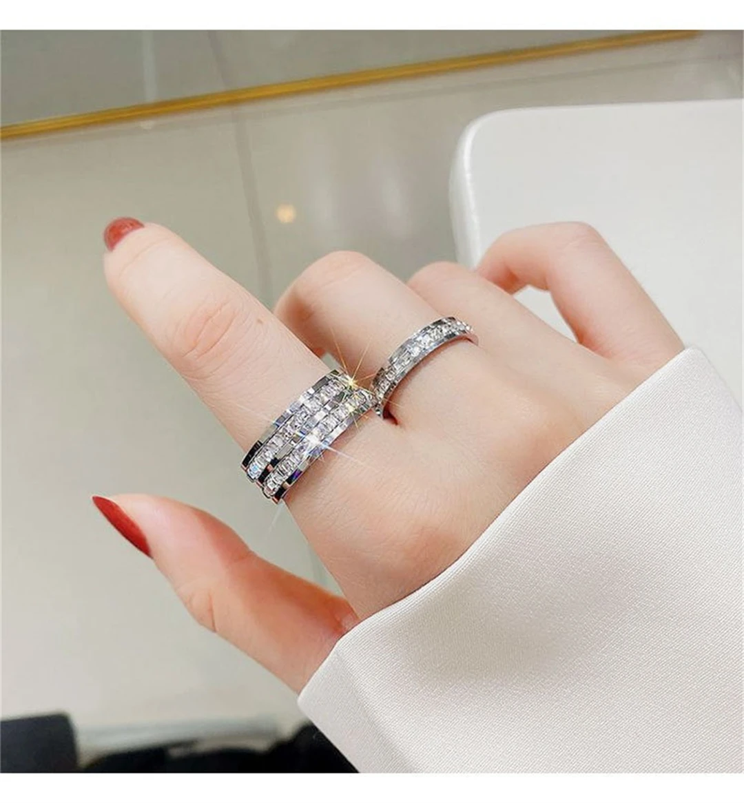 Rose Gold Double Rowed Square Zircon Ring Engagement Wedding Jewelry