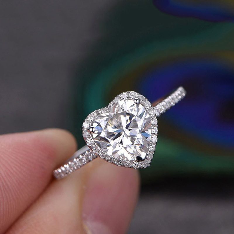 Silver Heart White Zircon Stones Wedding Ring Engagement Jewelry