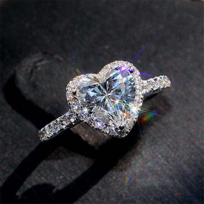 Silver Heart White Zircon Stones Wedding Ring Engagement Jewelry