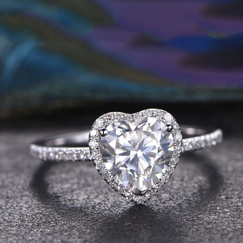 Silver Heart White Zircon Stones Wedding Ring Engagement Jewelry