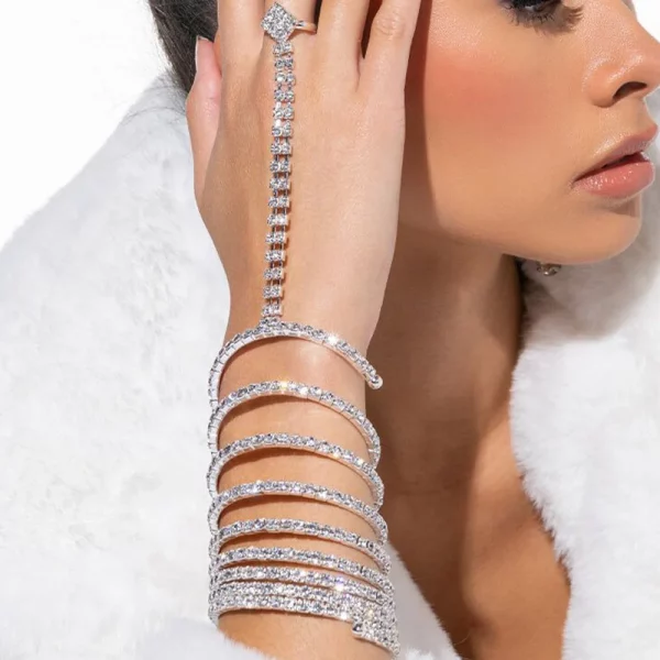 Crystal Finger Chain Rhinestone Stretch Bangle Upper Arm Bracelet Wedding Jewelry