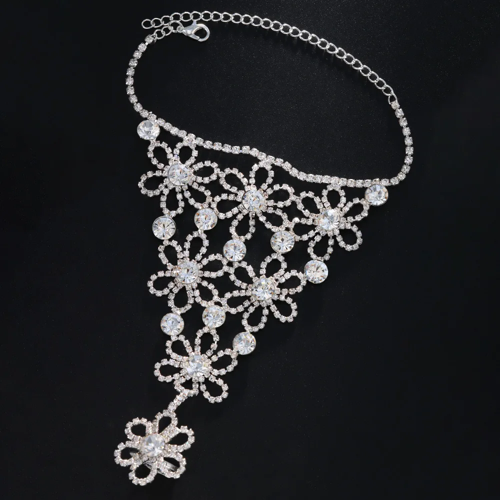 Flower Crystal Finger Rhinestone Slave Chain Bangles Wedding Jewelry