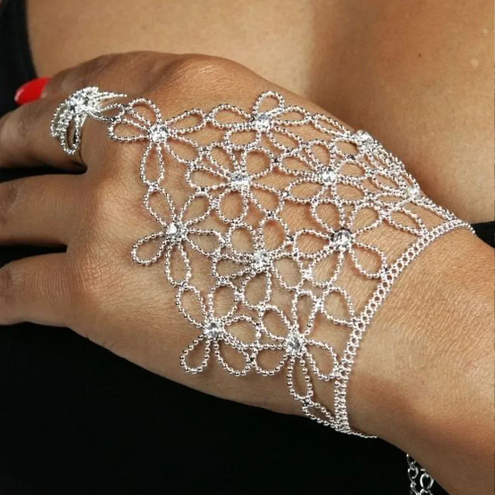 Flower Crystal Finger Rhinestone Slave Chain Bangles Wedding Jewelry