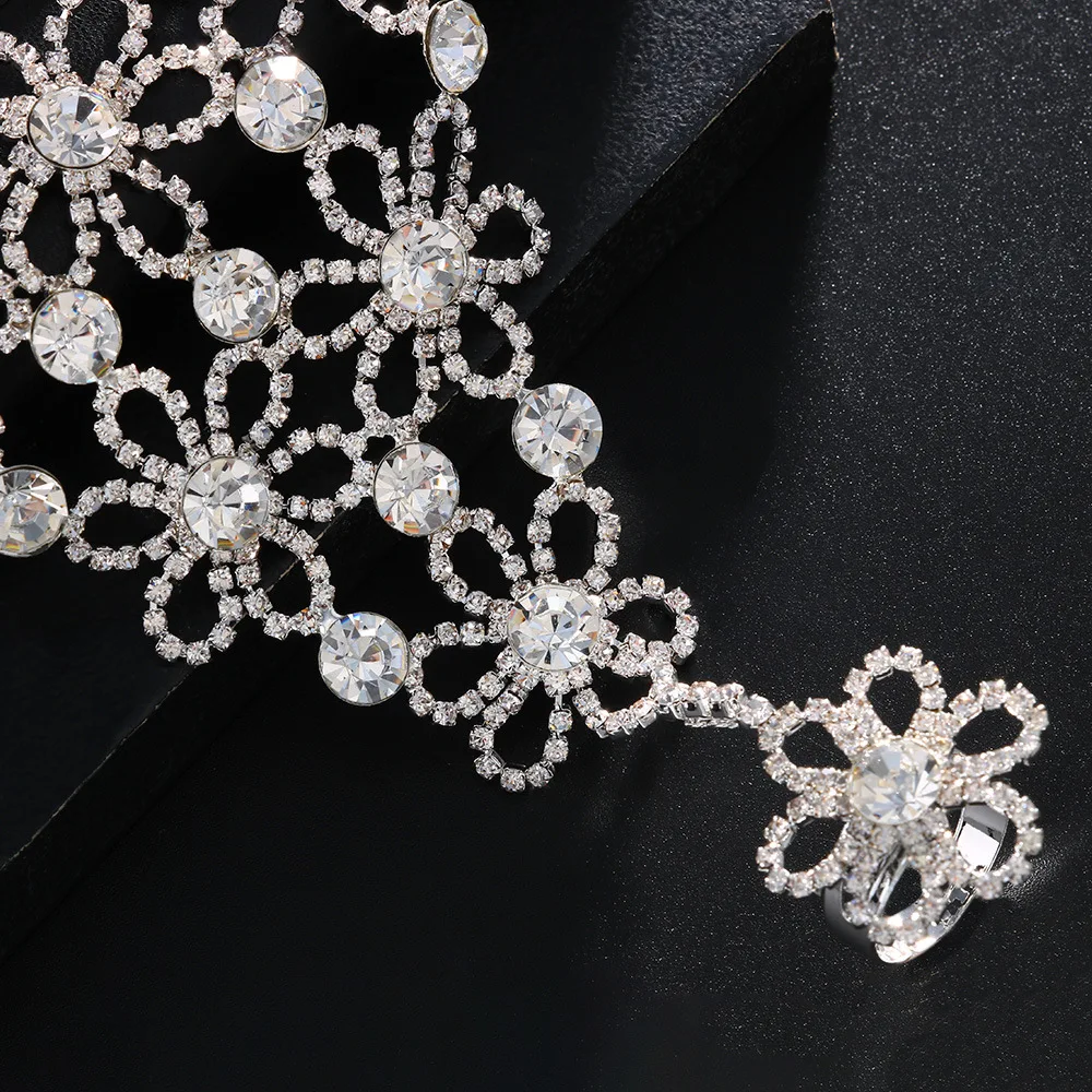 Flower Crystal Finger Rhinestone Slave Chain Bangles Wedding Jewelry