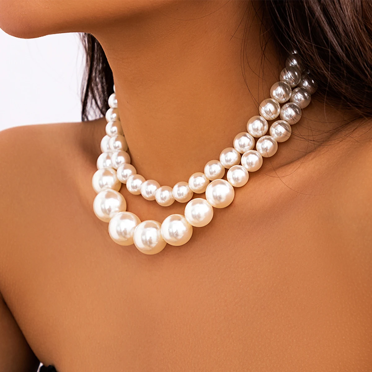 2Pcs/Set Elegant Big Imitation Pearl Choker Necklace Multilayer Beaded Collar Chain Wedding Jewelry