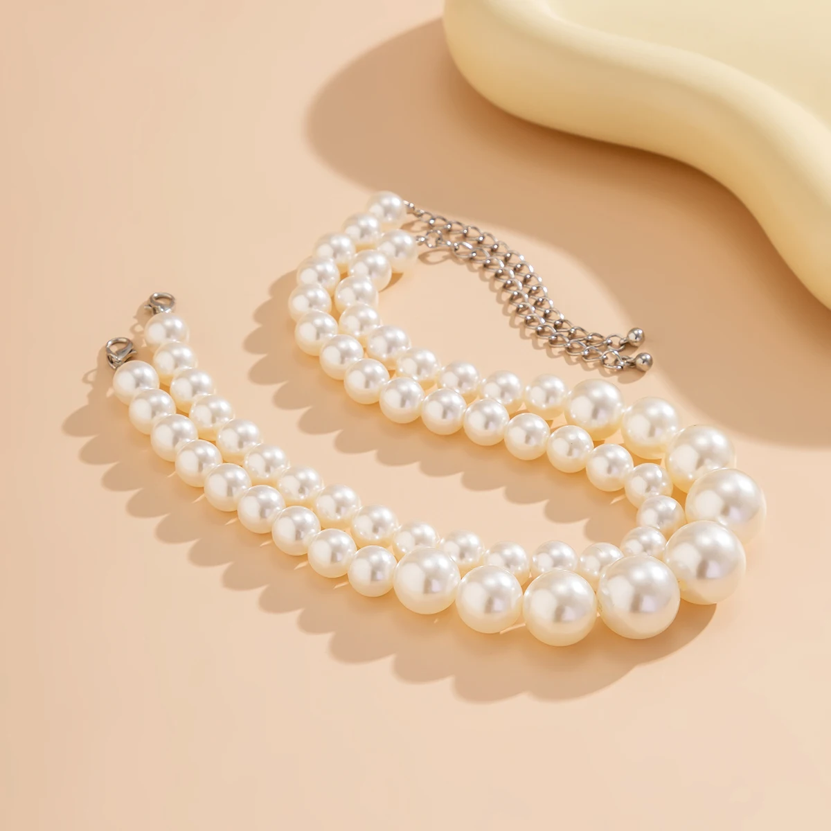 2Pcs/Set Elegant Big Imitation Pearl Choker Necklace Multilayer Beaded Collar Chain Wedding Jewelry