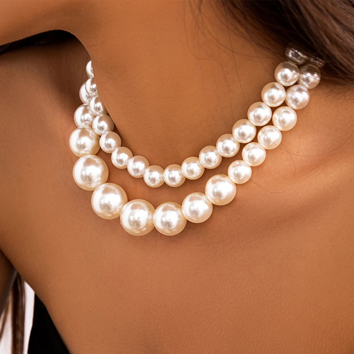 2Pcs/Set Elegant Big Imitation Pearl Choker Necklace Multilayer Beaded Collar Chain Wedding Jewelry