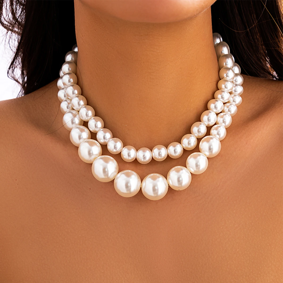 2Pcs/Set Elegant Big Imitation Pearl Choker Necklace Multilayer Beaded Collar Chain Wedding Jewelry