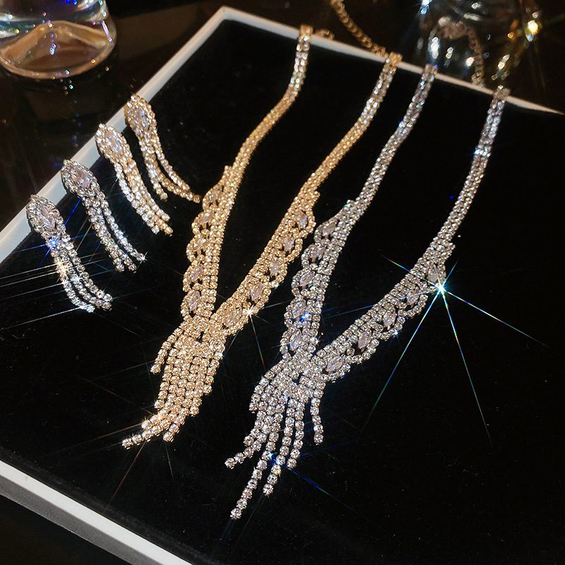 Zircon V-Shaped Tassel Necklace Earrings Two-Piece Set Wedding Jewelry