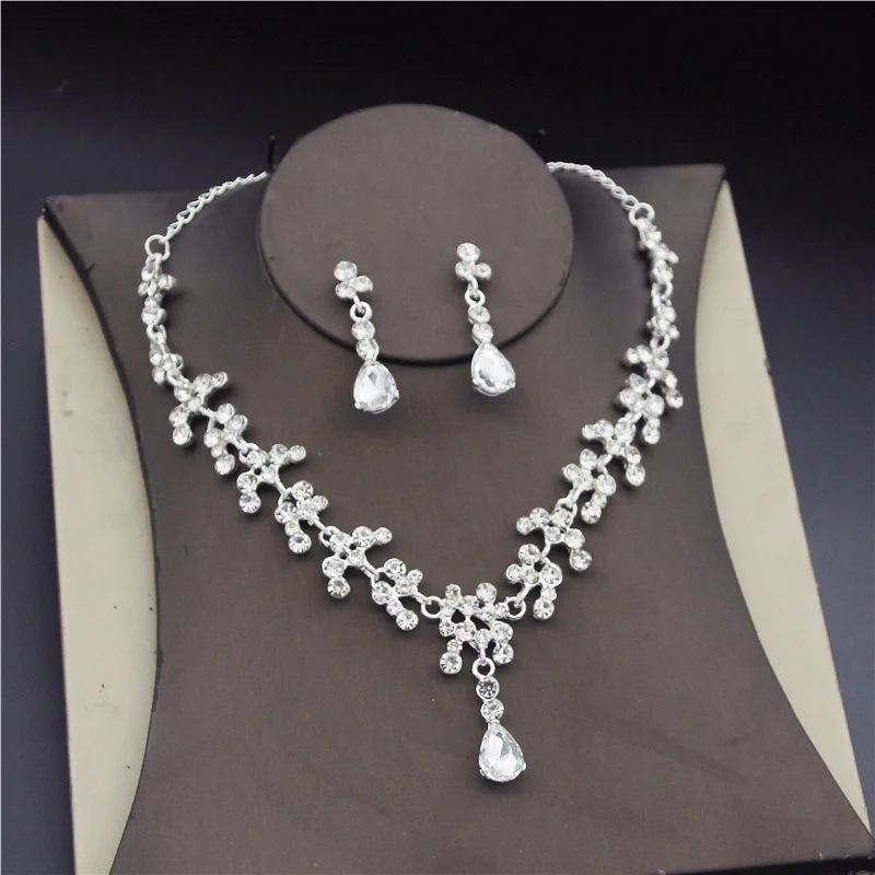 Crystal Gold Color Rhinestone Necklace Long Earrings Wedding Jewelry Set