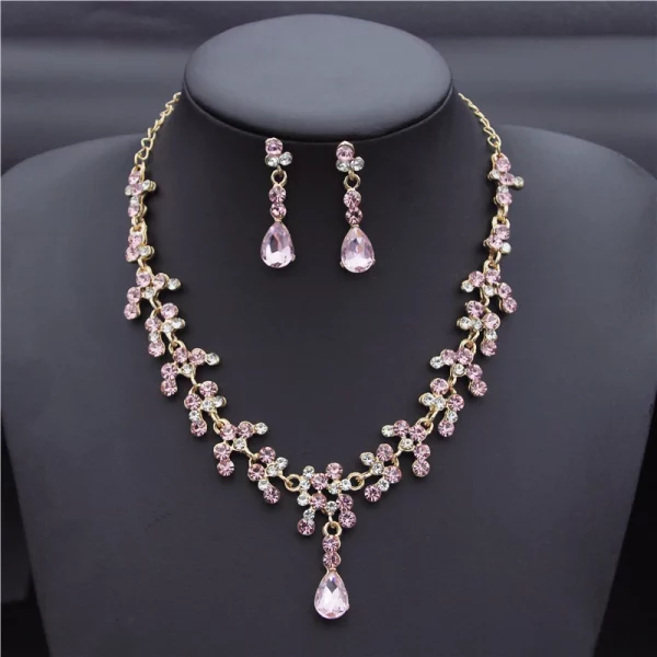 Crystal Gold Color Rhinestone Necklace Long Earrings Wedding Jewelry Set