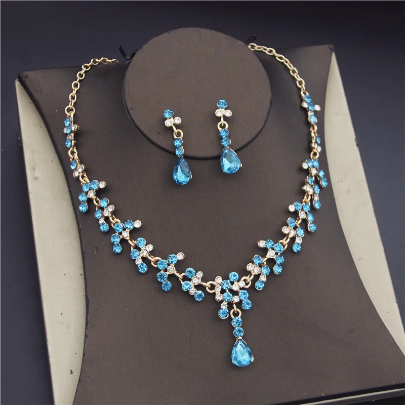 Crystal Gold Color Rhinestone Necklace Long Earrings Wedding Jewelry Set