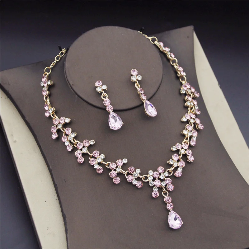 Crystal Gold Color Rhinestone Necklace Long Earrings Wedding Jewelry Set