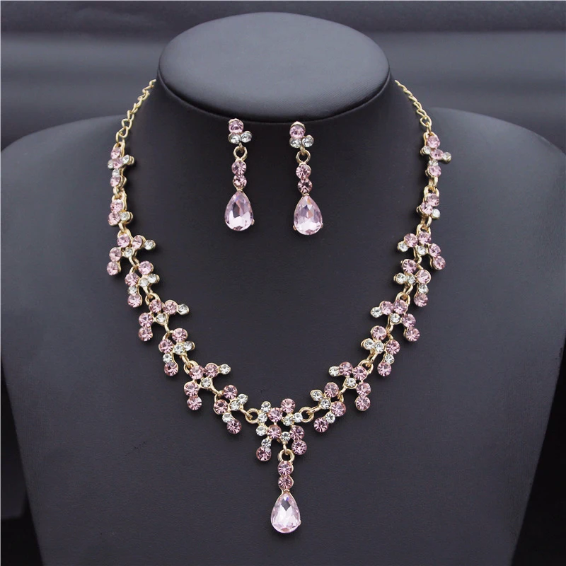 Crystal Gold Color Rhinestone Necklace Long Earrings Wedding Jewelry Set