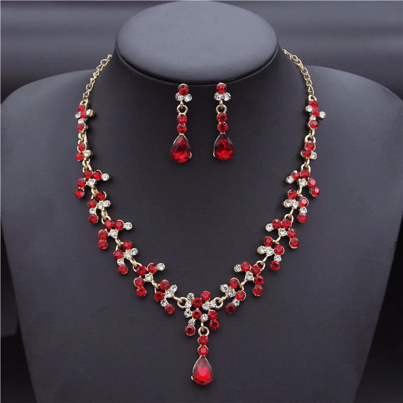 Crystal Gold Color Rhinestone Necklace Long Earrings Wedding Jewelry Set