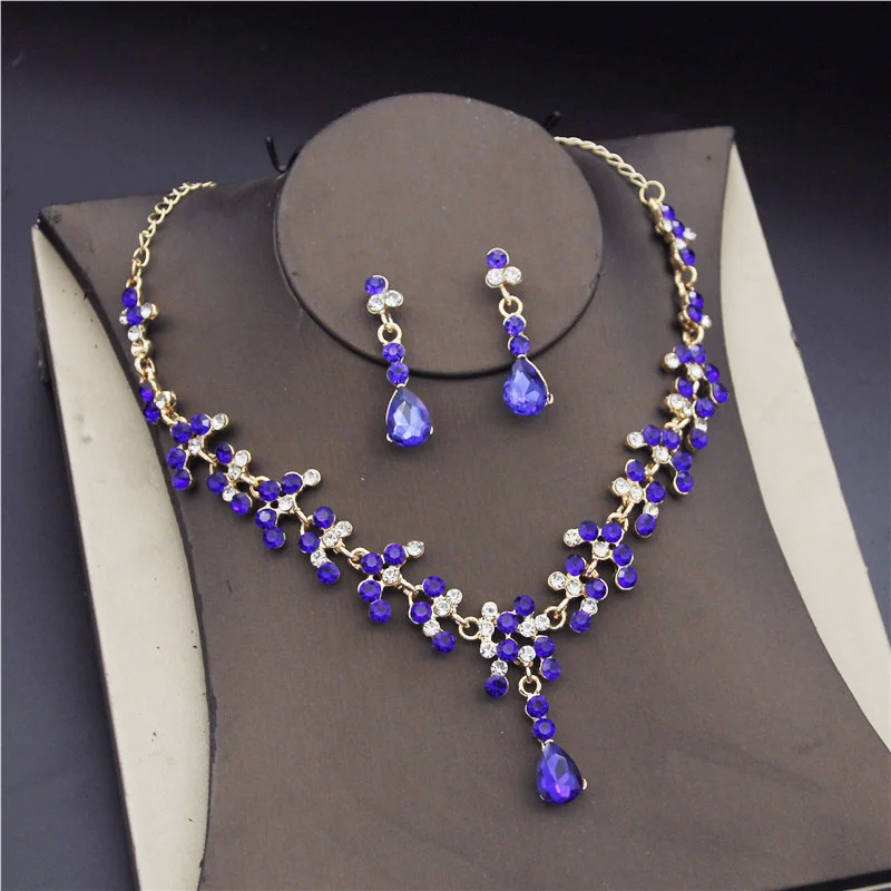 Crystal Gold Color Rhinestone Necklace Long Earrings Wedding Jewelry Set