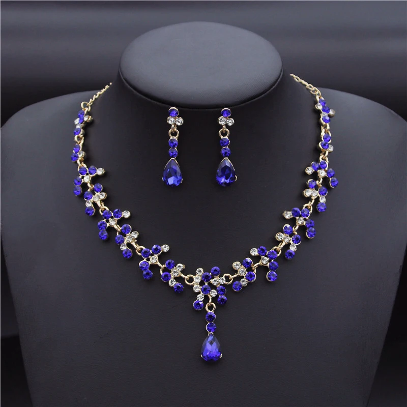 Crystal Gold Color Rhinestone Necklace Long Earrings Wedding Jewelry Set