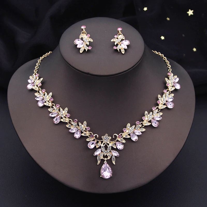 Water Drop Butterfly Rhinestone Crystal Earring Necklace Set Wedding Jewelry