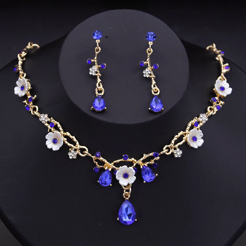 Crystal Flower Choker Necklace Earrings Wedding Jewelry Set