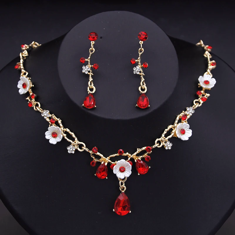 Crystal Flower Choker Necklace Earrings Wedding Jewelry Set