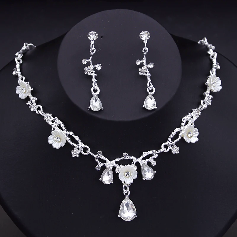 Crystal Flower Choker Necklace Earrings Wedding Jewelry Set