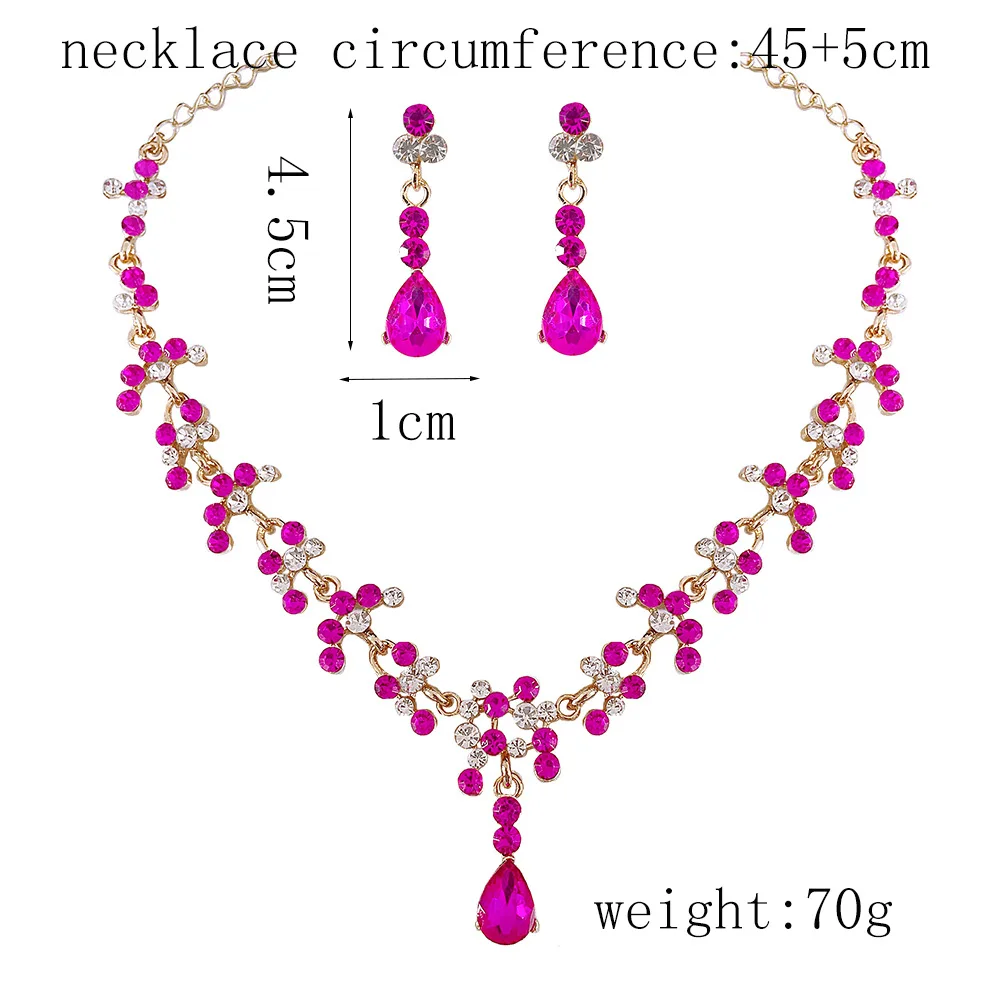 Rose Crystal Gold Color Rhinestone Necklace Long Earrings Set Bridal Wedding Jewelry