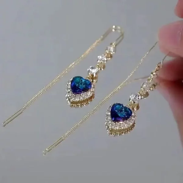 Blue Heart Shaped Zircon Long Tassel Ear Line Dangle Earrings Wedding Party Jewelry