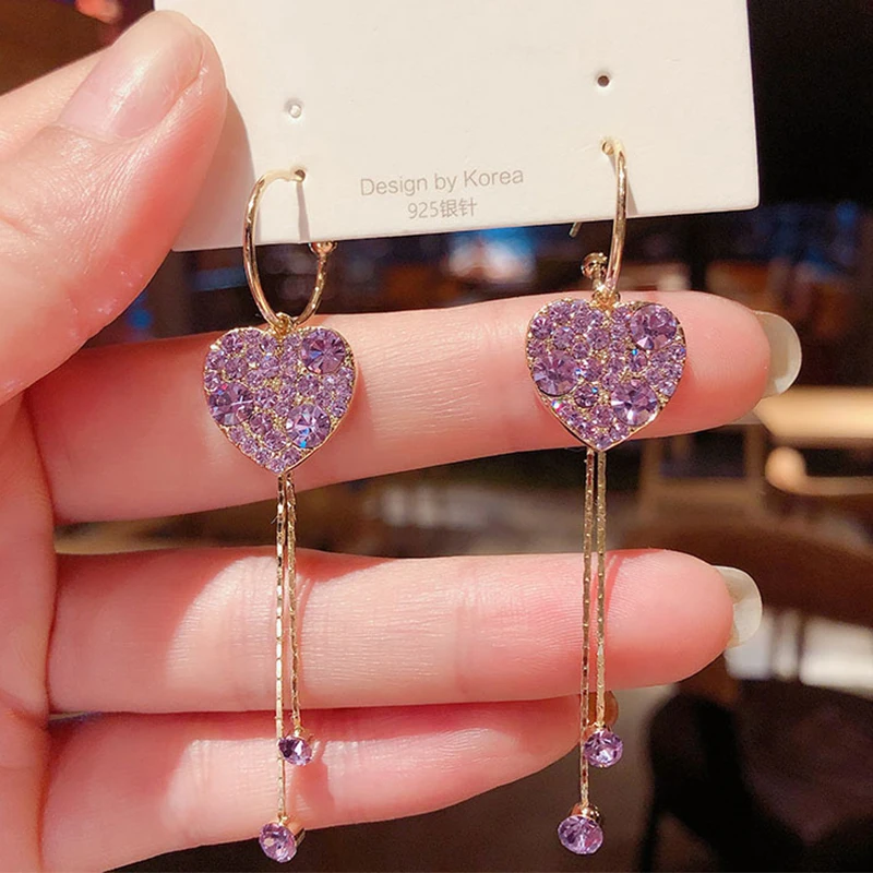 Blue Heart Shaped Zircon Long Tassel Ear Line Dangle Earrings Wedding Party Jewelry