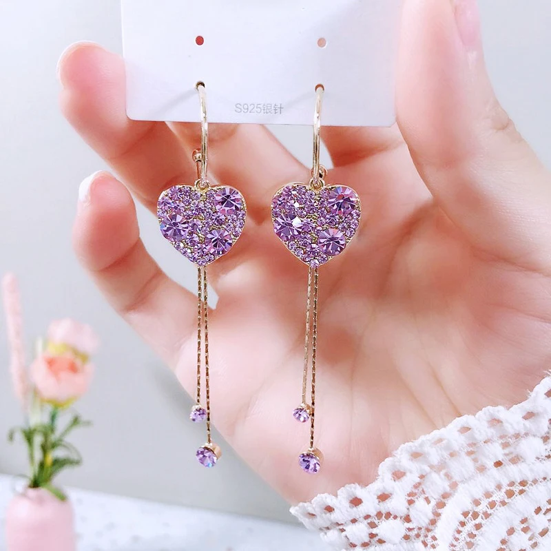 Blue Heart Shaped Zircon Long Tassel Ear Line Dangle Earrings Wedding Party Jewelry