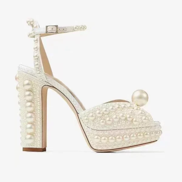 Pearl Beaded Thick Heel Fish Mouth Sandals High Heel Waterproof Platform Wedding Shoes