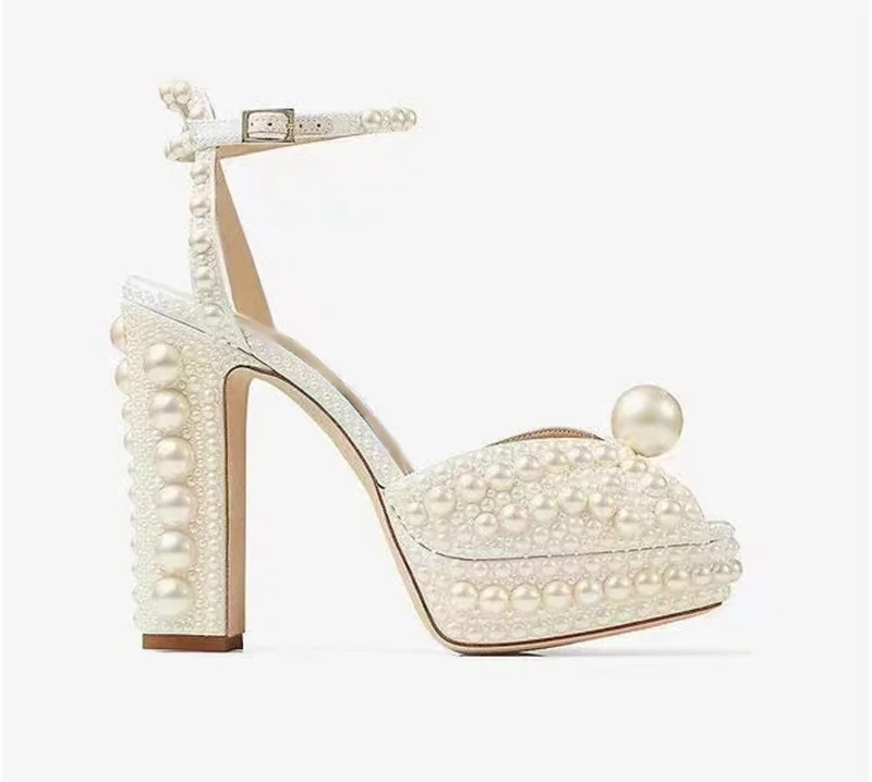 Pearl Beaded Thick Heel Fish Mouth Sandals High Heel Waterproof Platform Wedding Shoes