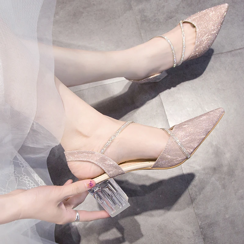 Bling Shiny Crystal Strap Clear Heels Pointed Toe Wedding Shoes