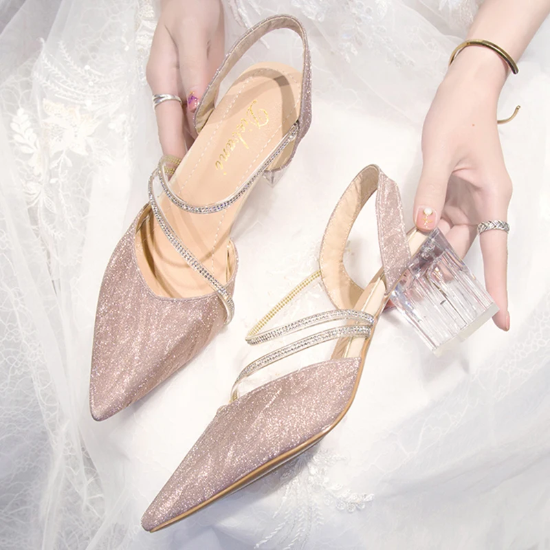 Bling Shiny Crystal Strap Clear Heels Pointed Toe Wedding Shoes