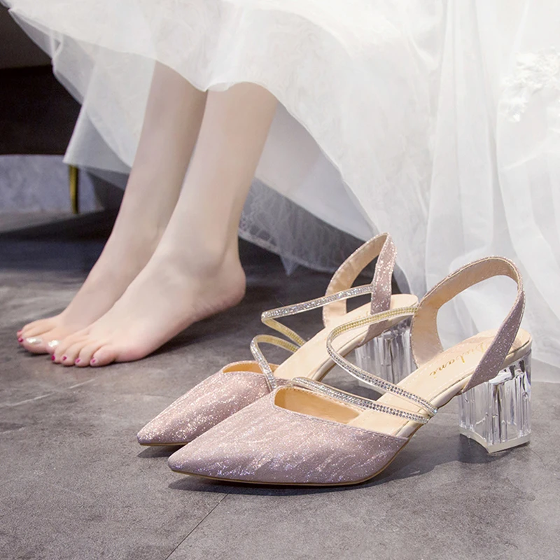 Bling Shiny Crystal Strap Clear Heels Pointed Toe Wedding Shoes