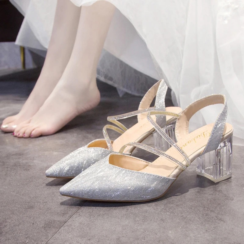 Bling Shiny Crystal Strap Clear Heels Pointed Toe Wedding Shoes