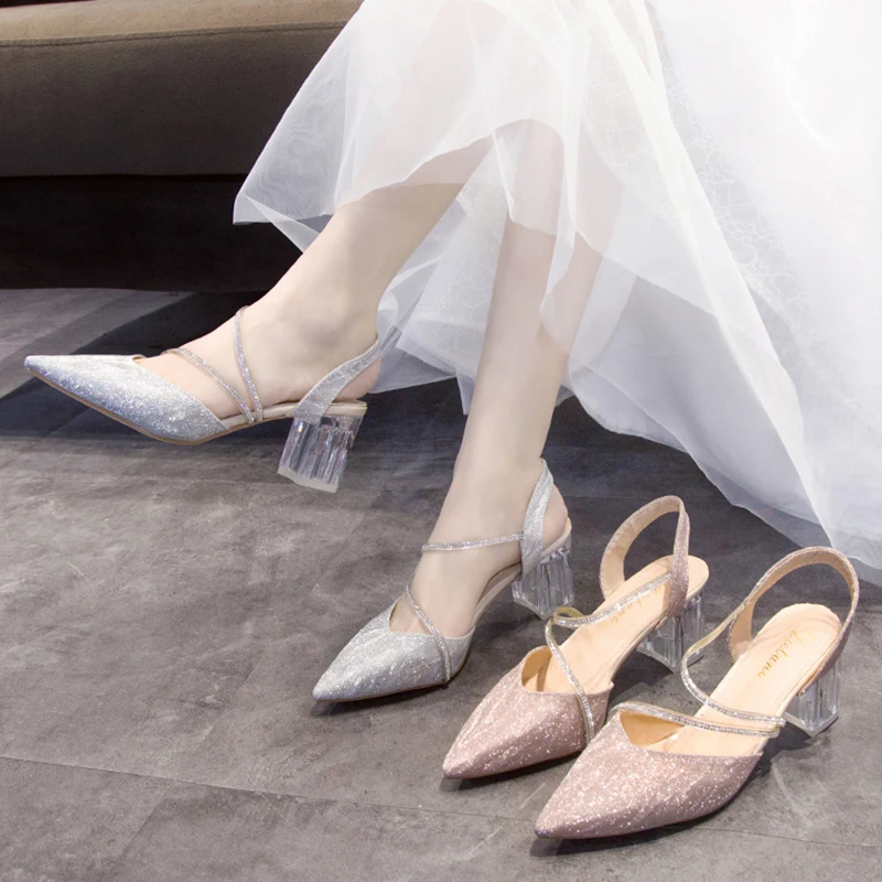 Bling Shiny Crystal Strap Clear Heels Pointed Toe Wedding Shoes