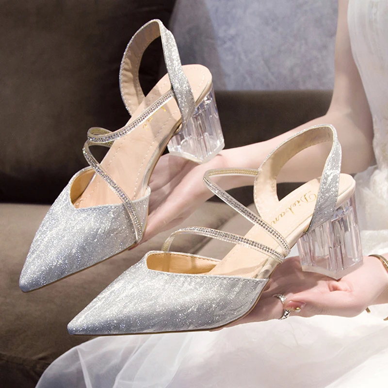 Bling Shiny Crystal Strap Clear Heels Pointed Toe Wedding Shoes