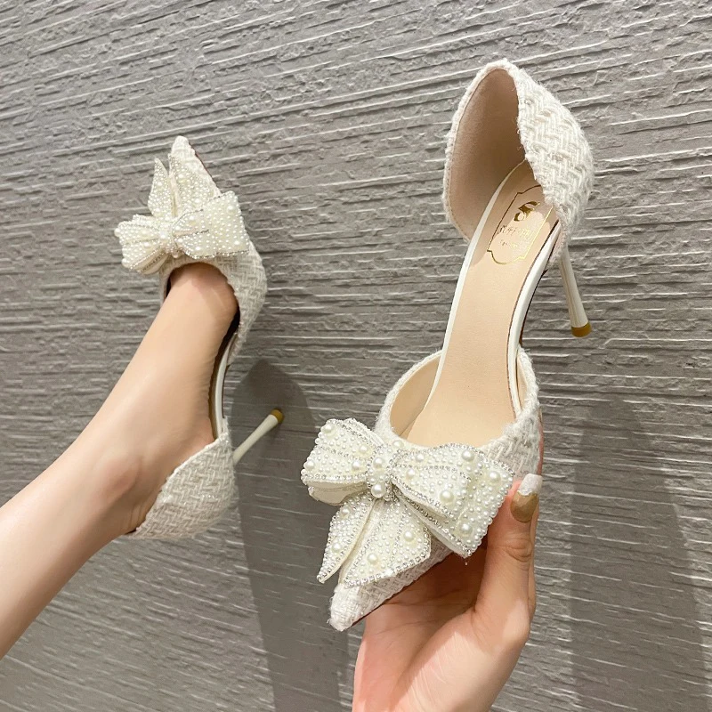 Pearl Crystal Bow Tie White Wedding Shoes