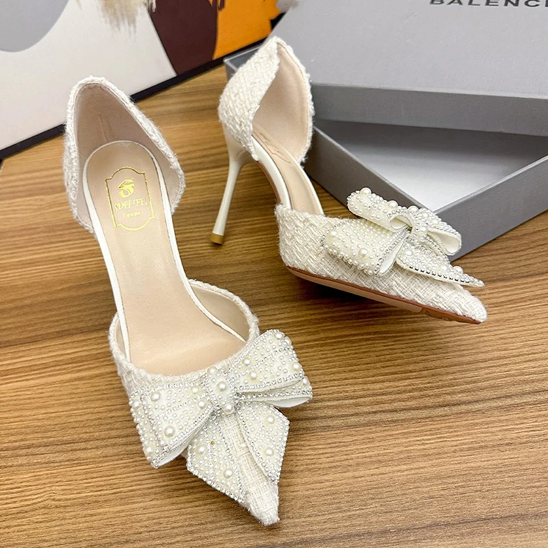 Pearl Crystal Bow Tie White Wedding Shoes