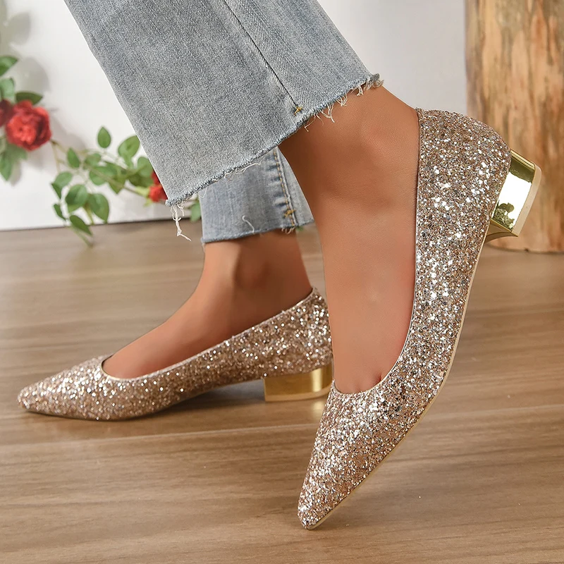 Shiny Sequins Gold Low Heels Wedding Shoes