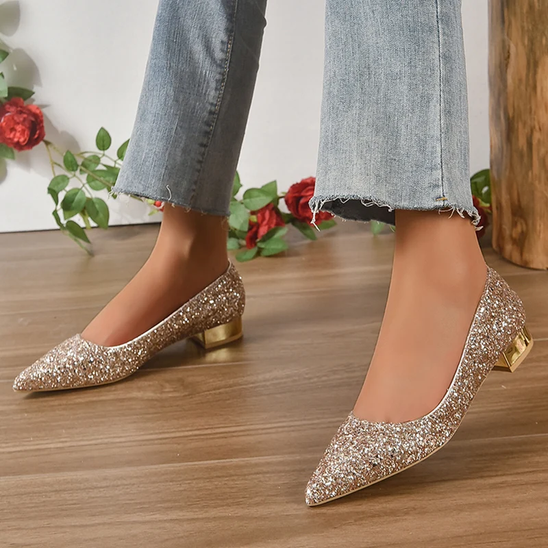 Shiny Sequins Gold Low Heels Wedding Shoes