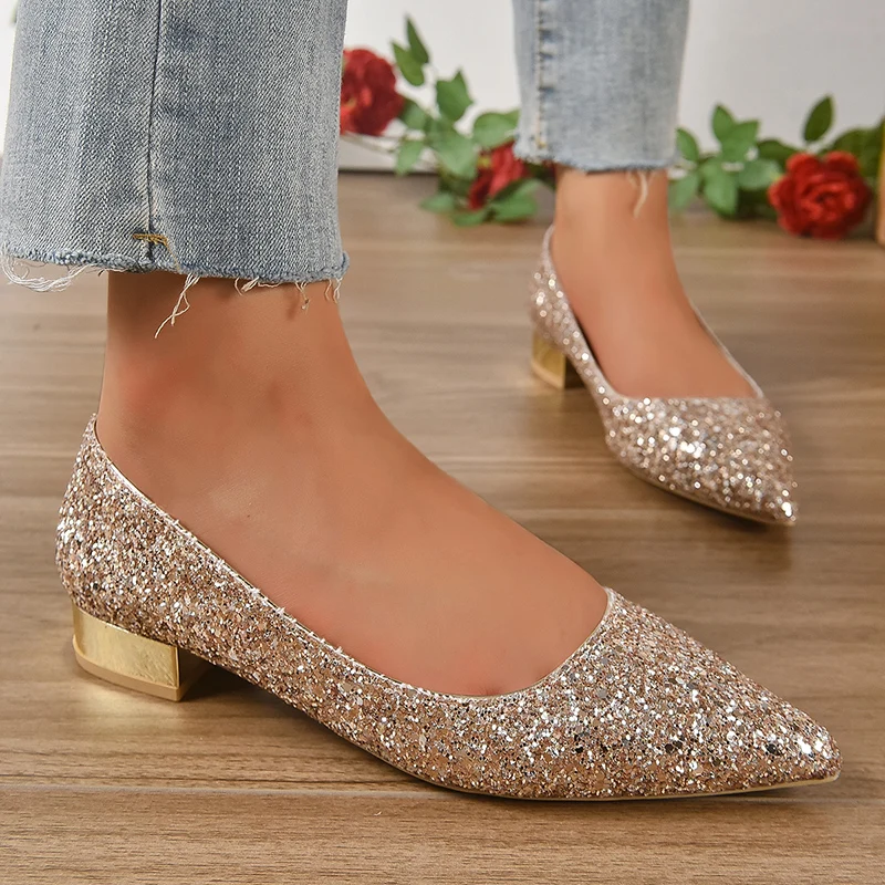 Shiny Sequins Gold Low Heels Wedding Shoes