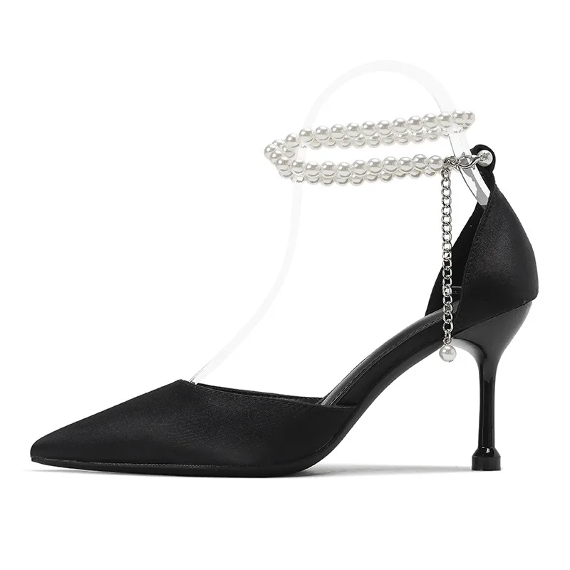 String Bead Pearls High Heels Sexy Elegant Pointed Toe White Black Wedding Party Pumps