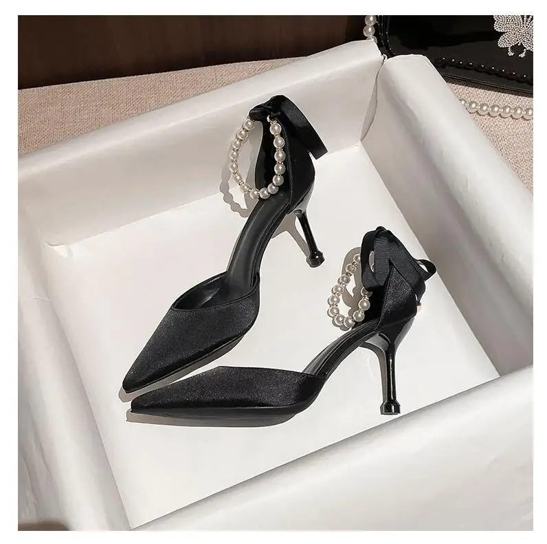 String Bead Pearls High Heels Sexy Elegant Pointed Toe White Black Wedding Party Pumps